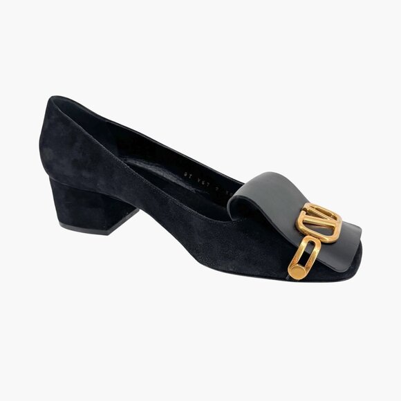 Valentino VLogo Black Suede Leather Block Heel Pumps Shoes Size 38.5 US 8.5 - Picture 11 of 15